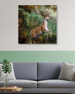 Olive Tree Wooden Wall Art Attractive Deer Canvas Painting 24 x 24 inch Multicolour