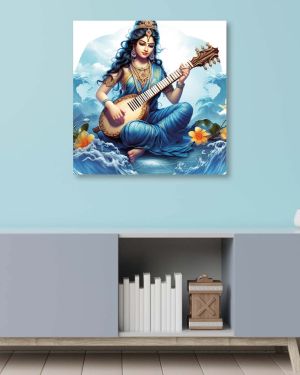 Olive Tree Wooden Wall Art Goddess Saraswati Canvas Painting 24 x 24 inch Multicolour