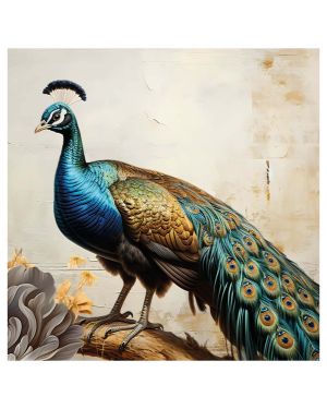 Olive Tree Wooden Wall Art Peacock Bird Canvas Painting 24 x 24 inch Multicolour