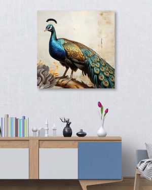 Olive Tree Wooden Wall Art Peacock Bird Canvas Painting 24 x 24 inch Multicolour