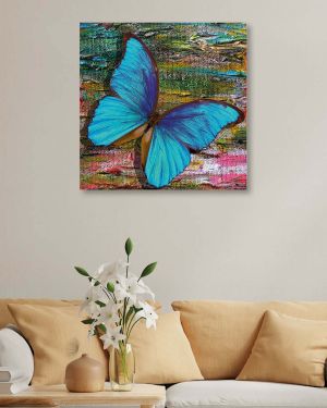 Olive TreeWooden Wall Art Blue Butterfly Canvas Painting 24 x 24 inch Multicolour