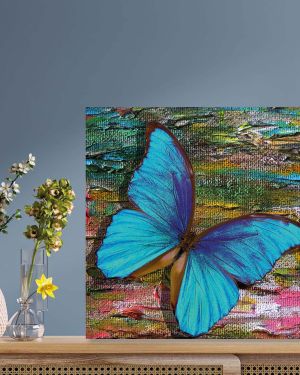 Olive TreeWooden Wall Art Blue Butterfly Canvas Painting 24 x 24 inch Multicolour