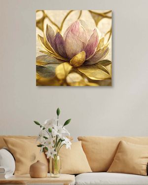 Olive TreeWooden Wall Art Gold Flower Canvas Painting 24 x 24 inch Multicolour