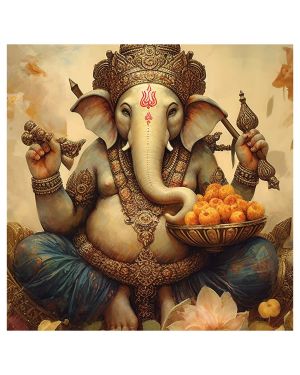 Olive TreeWooden Wall Art Ganesh ji Canvas Painting 24 x 24 inch Multicolour