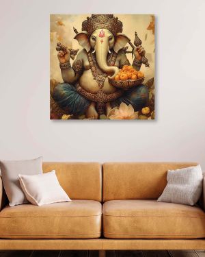 Olive TreeWooden Wall Art Ganesh ji Canvas Painting 24 x 24 inch Multicolour