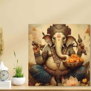 Olive TreeWooden Wall Art Ganesh ji Canvas Painting 24 x 24 inch Multicolour