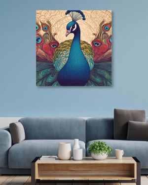 Olive TreeWooden Wall Indian Peacock Canvas Painting for 24 x 24 inch Multicolour