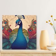 Olive TreeWooden Wall Indian Peacock Canvas Painting for 24 x 24 inch Multicolour
