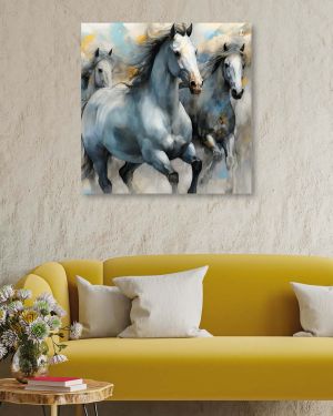 Olive TreeWooden Wall Art Running Horses Canvas Painting 24 x 24 inch Multicolour