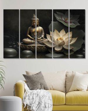 Olive Tree Large Gautam Buddha Canvas Painting for Wall Decoration Picture Split Panels Art Decor Set of 5 Canvas Paintings