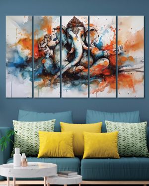 Olive Tree Large Ganesh Ji Canvas Painting for Wall Decoration Picture Split Panels Art Decor Set of 5 Canvas Paintings