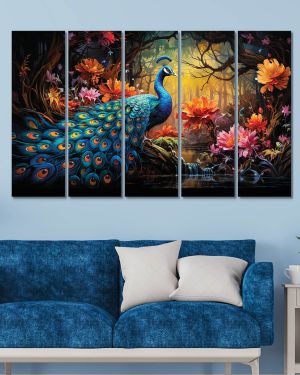 Olive Tree Large Peacock Canvas Painting for Wall Decoration Picture Split Panels Art Decor Set of 5 Canvas Paintings