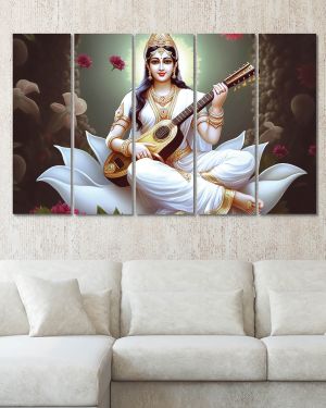 Olive Tree Large Goddess Saraswati Canvas Painting for Wall Decoration Picture Split Panels Art Decor Set of 5 Canvas Paintings